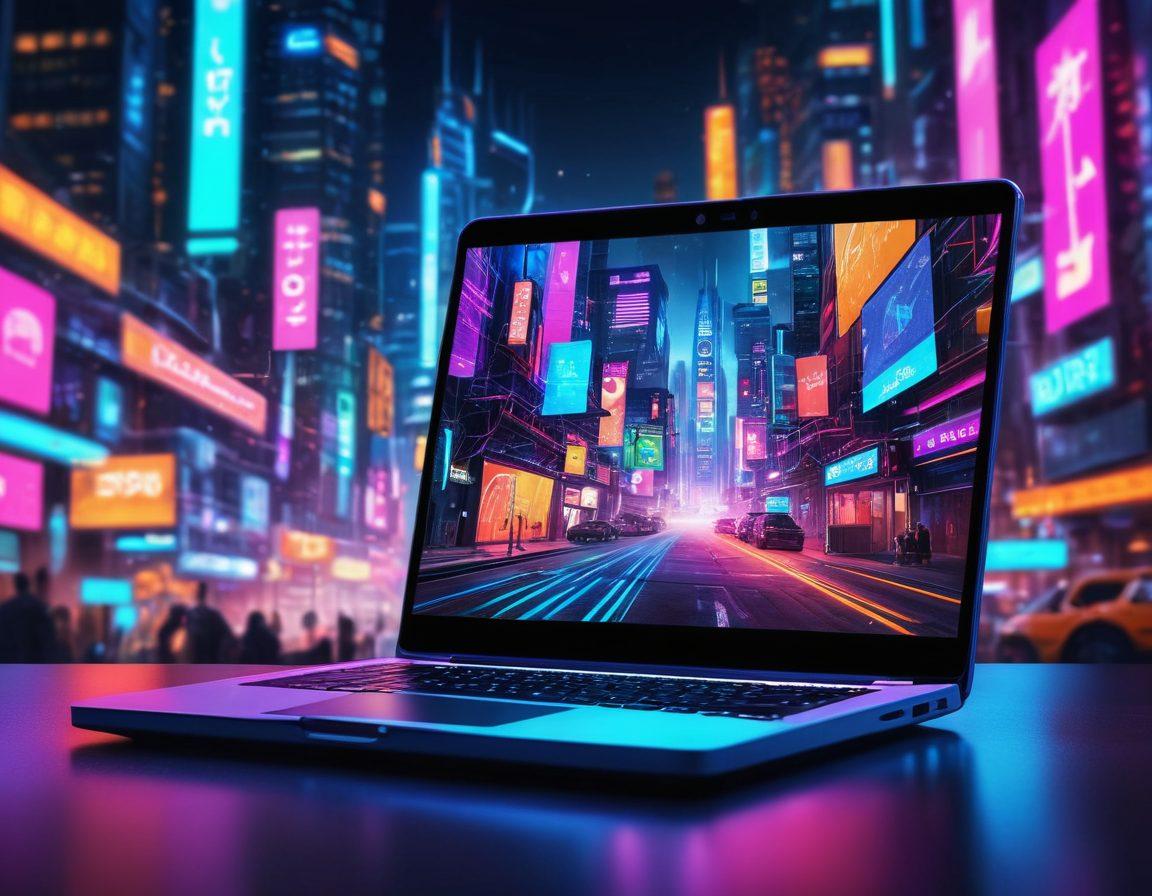 A vibrant landscape of interconnected digital platforms such as blogs, social media icons, and content creation tools. An open laptop with creative content visible on the screen, surrounded by colorful graphic elements symbolizing creativity and inspiration. The background features a futuristic city vibrant with neon colors, emphasizing the digital theme. Bright light beams connecting the platforms to signify networking and community. super-realistic. vibrant colors. cyberpunk.
