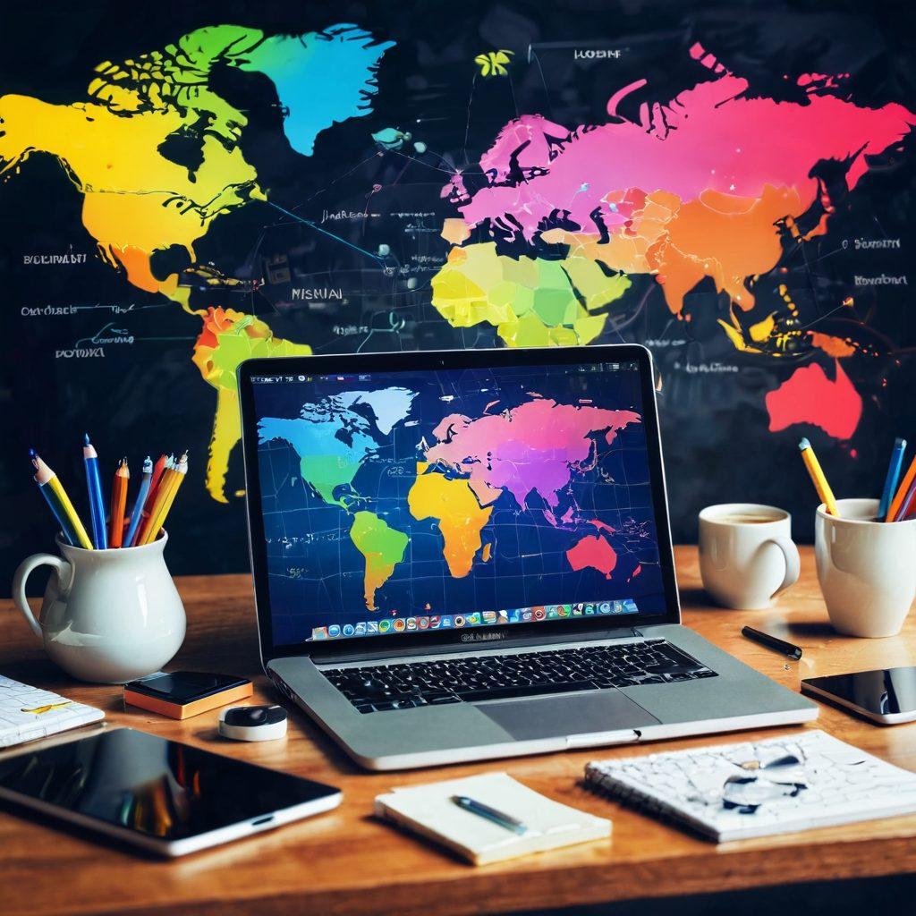 A modern workspace featuring a sleek laptop open to a blogging platform, surrounded by colorful digital tools like social media icons, a notepad with brainstorming ideas, and a steaming cup of coffee. Bright and inviting ambiance, symbolizing creativity and productivity in the digital age. The background showcases a world map made of pixels, representing the global blogosphere. vibrant colors. digital art.