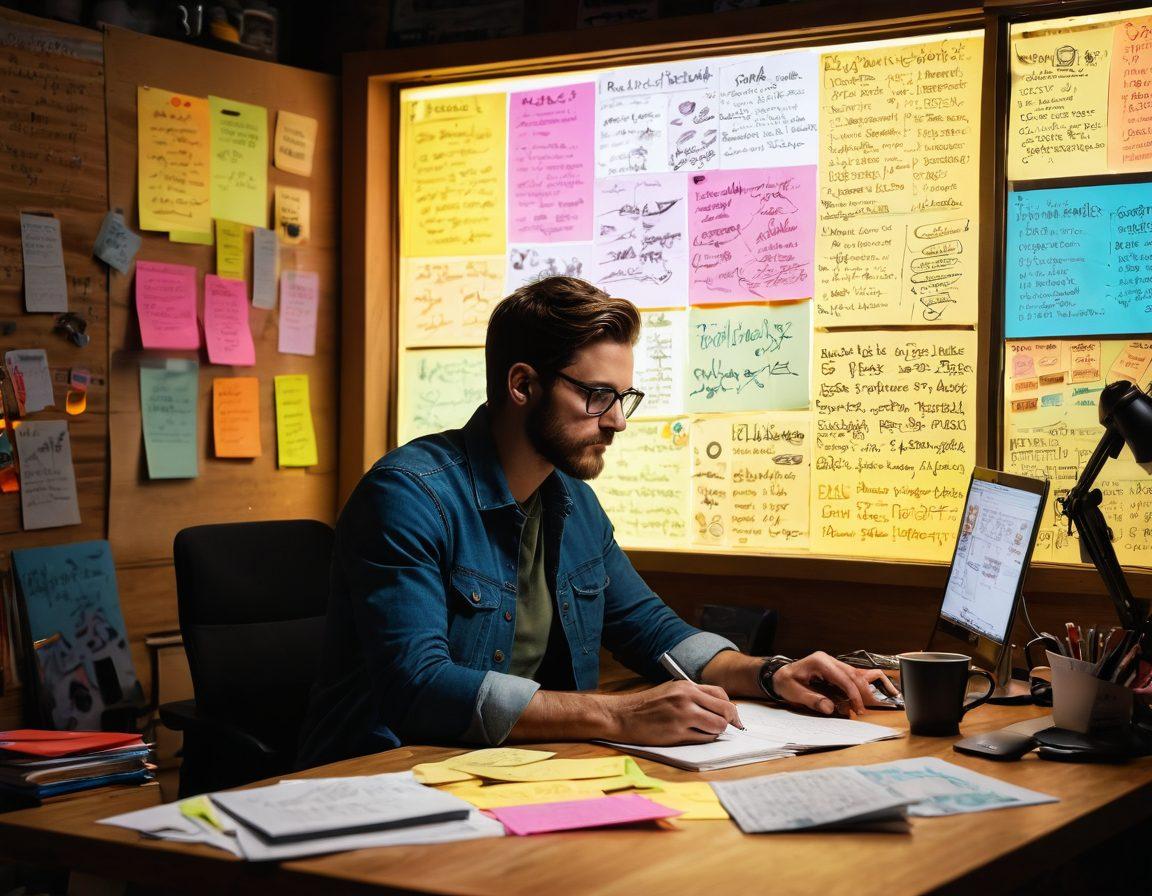 An artist sitting at a digital workstation, skillfully blending words and visuals on a glowing screen, surrounded by colorful sticky notes and sketches scattered on a wooden desk, with a cup of coffee steaming beside them, symbolizing creativity and content creation. vibrant colors. super-realistic. dynamic lighting.